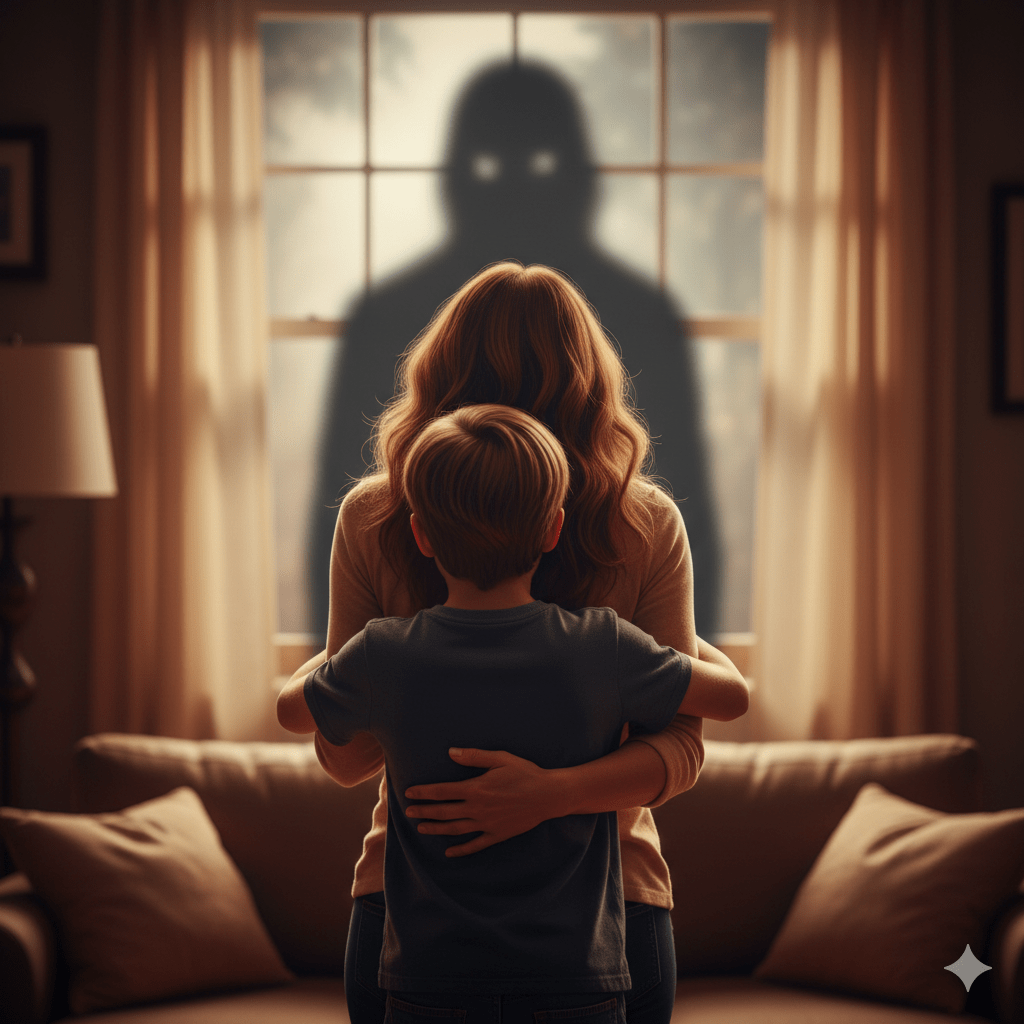 Madre abrazando a su hijo de espaldas, creando un escudo emocional para proteger al menor del conflicto y la inestabilidad de una pareja inmadura.